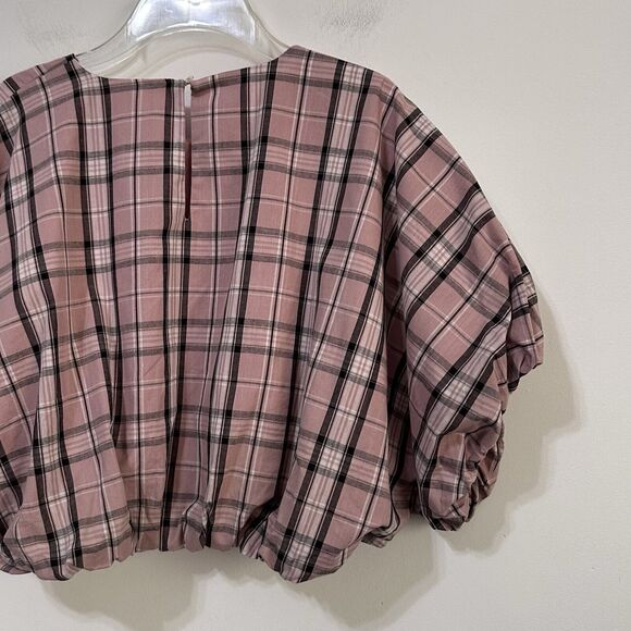English Factory Puff Sleeve Crop Top M Pink Plaid Voluminous Trendy Summer NEW - Picture 8 of 11